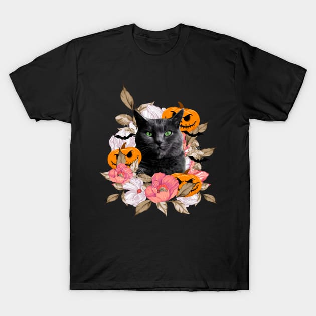 Black Cat With Halloween Floral T-Shirt by mia_me